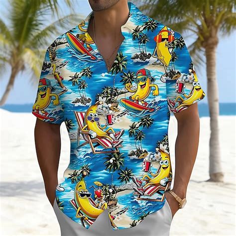 Men's Coconut Tree Banana Surfing Summer Hawaiian Shirt Button Up Shirt ...