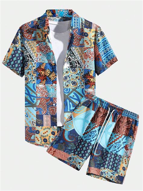 ROMWE MEN Street Life Men Patchwork Print Shirt & Drawstring Waist ...