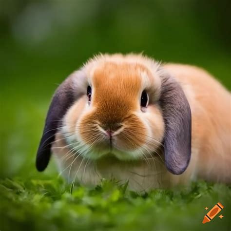 A holland lop bunny laying in the grass