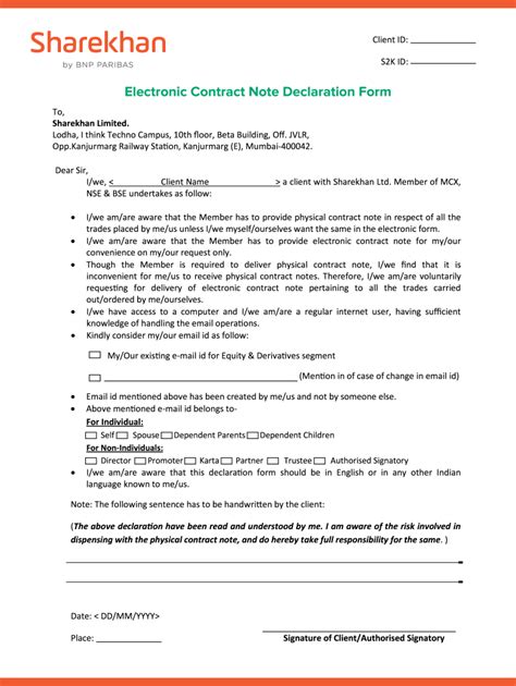 Electronic Contract Note Declaration Form - Blank Fillable Template ...