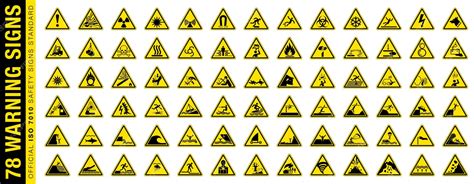 Set of 78 isolated hazardous symbols on yellow round triangle board ...