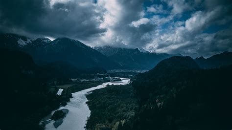 Download wallpaper 1600x900 river, mountains, aerial view, sky, clouds ...