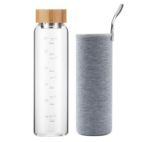 Buy sunkey Glass Water Bottle 32 oz Wide Mouth with Sleeve Bamboo Lid 1 ...
