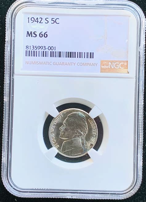 1942-S SILVER WARTIME NICKEL, 5C HIGH GRADE COIN, NGC GRADED MS 66 IN ...