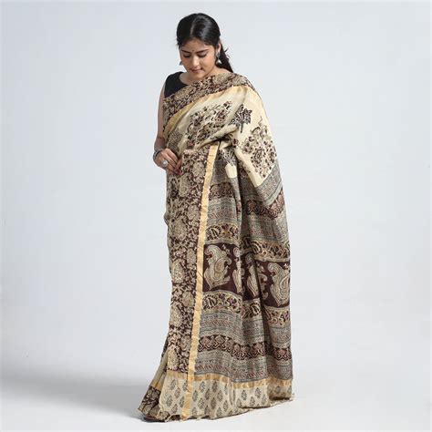 Beige Kalamkari Printed Silk Cotton Saree with Zari Border