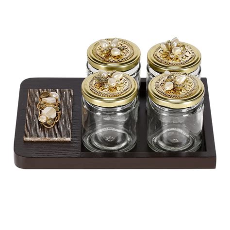 Buy COCKTAIL Wooden MDF 4 Bottle Mukhwas Jar Set, Airtight Container ...