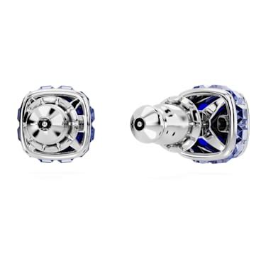 Birthstone stud earrings, Square cut, September, Blue, Rhodium plated