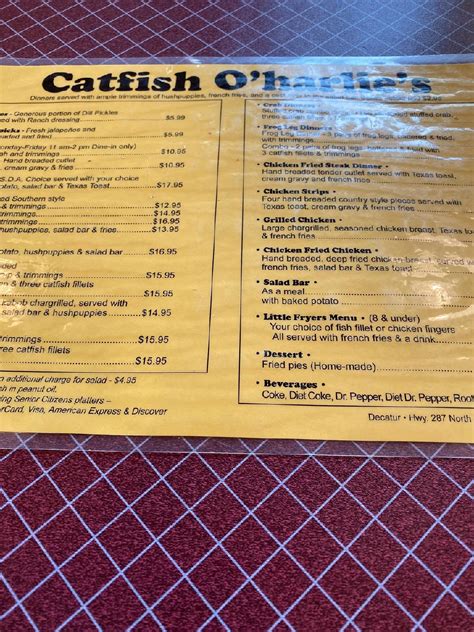 Menu at Catfish O'Harlies restaurant, Decatur