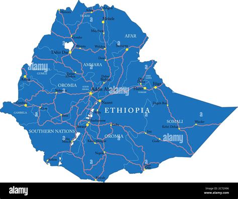Highly detailed vector map of Ethiopia with administrative regions,main ...