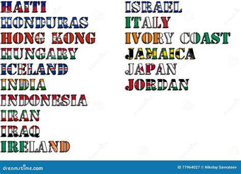 Country Names in Colors of National Flags - Complete Set. Letters H, I ...