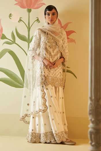 Buy Ivory Silk, Crepe Embroidery, Gota Patti, Mirrors, Zari, Kurta ...