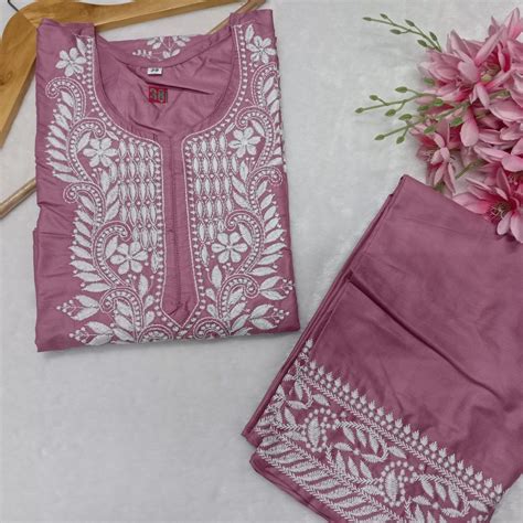 Rayon Chikankari Machine Work Kurti Plazo Set- Fuschia Colour – Chikankaar