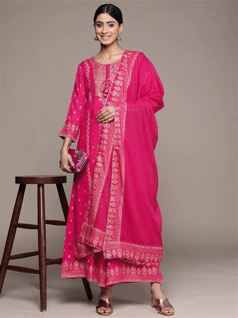 Buy Ishin Women's Cotton Pink Embroidered A-Line Kurta Sharara Dupatta ...