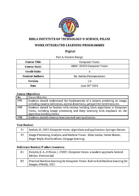 Computer Vision ZG525: AIML Handout v1.0 for Course Content - Studocu