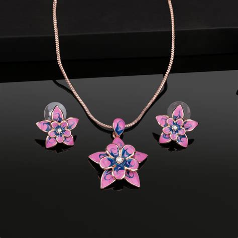 Buy Estele Rose Gold Plated Flower Shaped Necklace Set with Enamel for ...