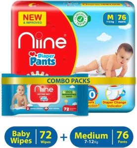 niine combo of Baby Diaper Pants (M) size (7-12KG) 76 count with Baby ...