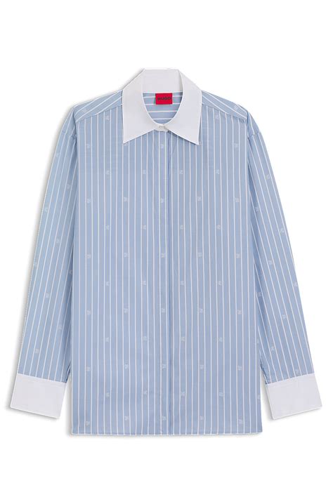 HUGO - Oversized-fit blouse with stacked logos - Light Blue stripes