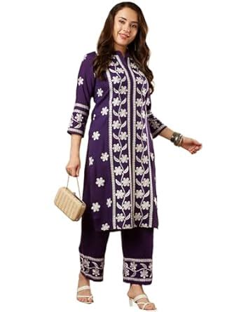 Buy ANNI DESIGNER Women's Cotton Blend Straight Chikankari Embroidered ...
