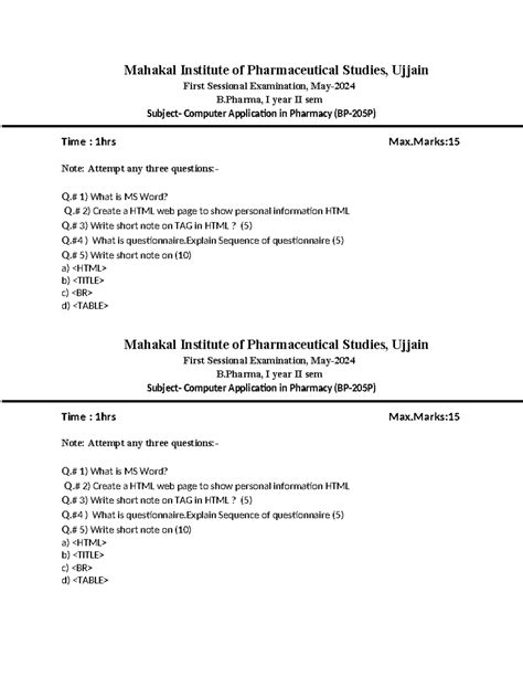 Mahakal Institute of Pharmaceutical Studies Practical paper - Mahakal ...