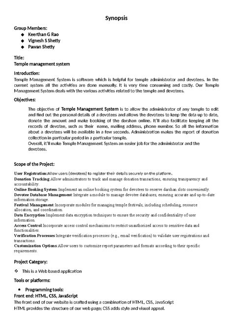 Synopsis - Summary FBDFB - Synopsis Group Members: Keerthan G Rao ...