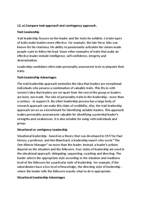 12 - Descriptive questions - a) Compare trait approach and contingency ...