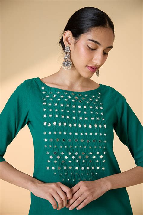 Okhai "Raftaa" Hand-Embroidered and Mirrorwork Pure Cotton Emerald Gre ...