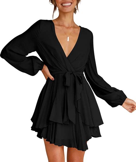Buy Cosonsen Women's Dress Deep V-Neck Long Sleeve Waist Tie Ruffle ...