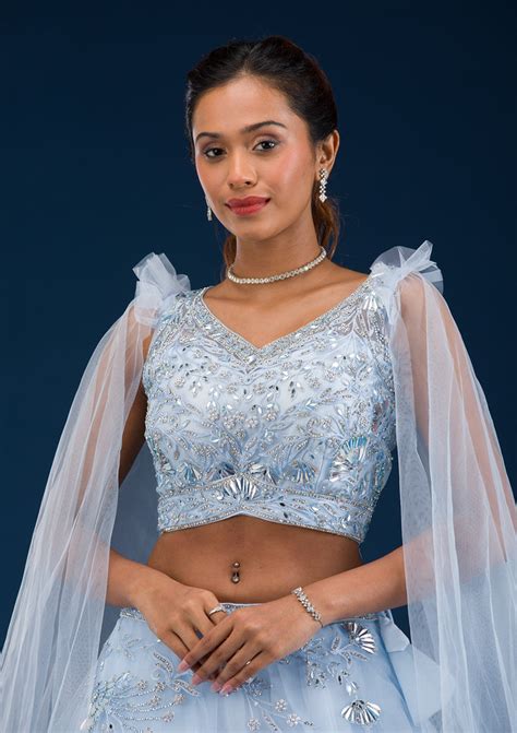 Buy Sky Blue Silver Stonework Net Readymade Lehenga - Koskii