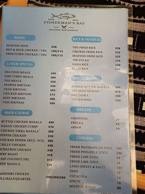 Menu at The Fisherman's Bay, Kollam