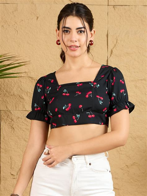 Women Black & Red Cherry Printed Square Neck Puff Sleeves Tie-Up ...