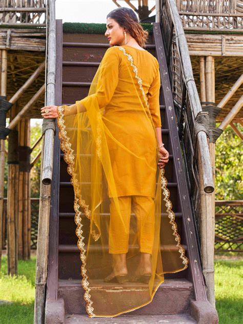 Embroidered Notched Neck Thread Work Kurta With Trousers & Dupatta ...