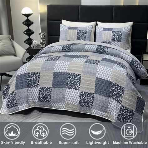 Oversized King Size Quilt Set 128x120 Grey Plaid Patchwork Extra Wide ...