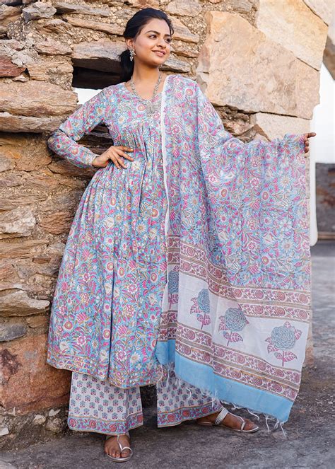 Get Sky Blue And Pink Hand Blocked Suit With Palazzo And Chanderi ...