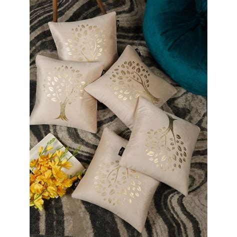 Buy HOSTA HOMES Foil Printed Soft Velvat Cushion Covers Cream (16 x 16 ...