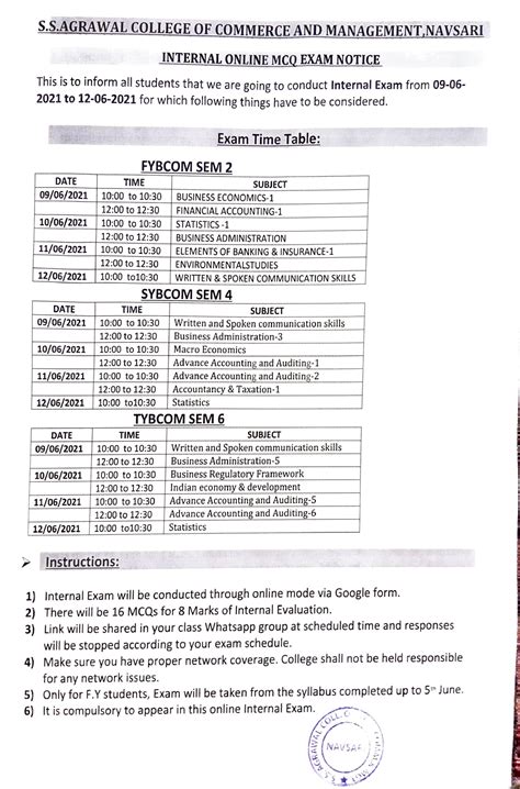 B. COM Internal EXAM TIME Table - Module - Teaching and Assessment ...