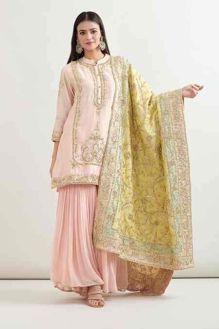Buy Pink Cotton, Chiffon Embroidery Mandarin Collar Floral Kurta ...