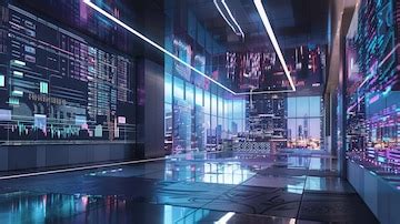 Innovative futuristic trading floor interior with holographic screens ...