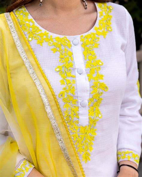 Buy White Aari Embroidered Suit Set Online in India – Ambraee
