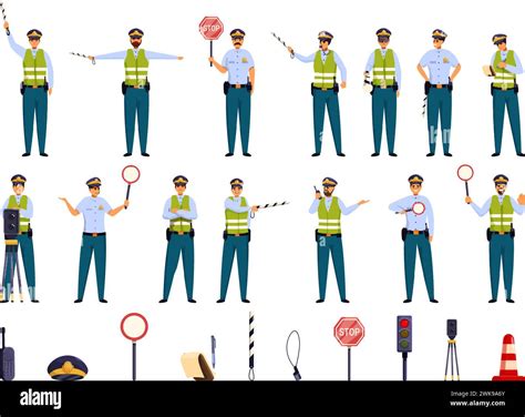 Traffic controller icons set cartoon vector. Policeman road inspector ...