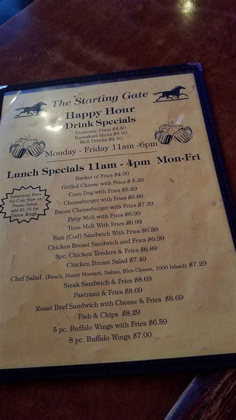Menu at Starting Gate pub & bar, Los Alamitos