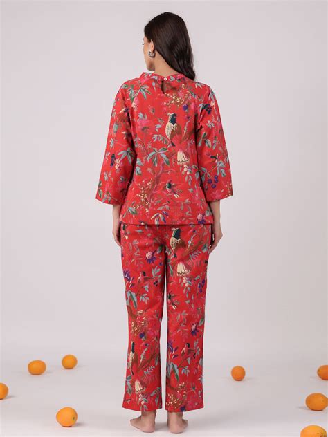 Red Flower Round Neck Night Suit Set