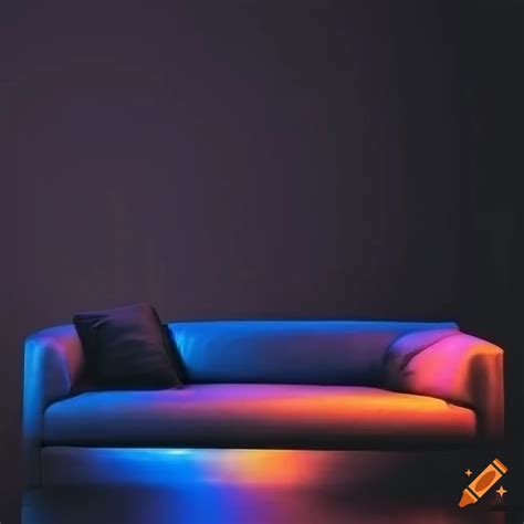 Stylish black leather couch in a neon-lit living room