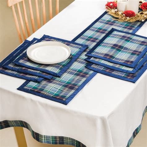 Blue Plaid Table Mat And Runner Set Of 7 Online - Premium Table Mat ...
