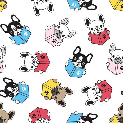 Dog seamless pattern french bulldog reading book | Premium Vector