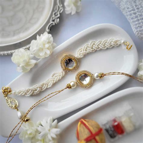 Buy Handmade Beaded Pearl Rakhi With Roli Chawal For Bhaiya And Bhabhi ...