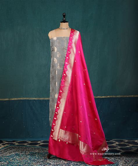 Black And White Pure Satin Silk Banarasi Suit Set Fabric With Pink Sca ...