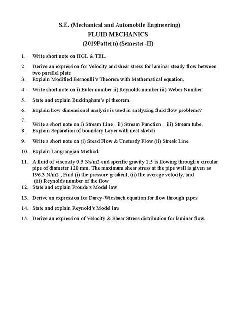 SE Mechanical Engineering Semester-II Fluid Mechanics Notes - Studocu