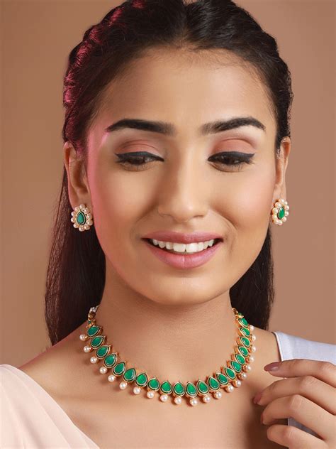 Priyaasi Green Leaf Pearl Gold-Plated Jewellery Set