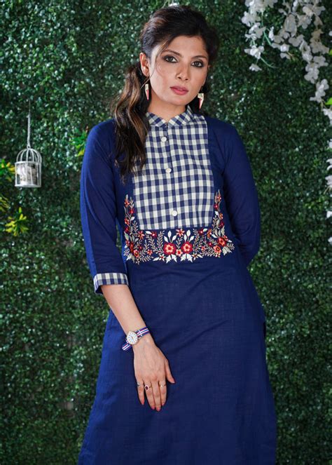 Navy Blue cotton kurta with Checks Yoke & Embroidery – Sujatra