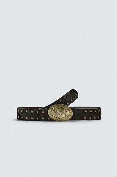 HAIRY LEATHER STUDDED BELT - Tobacco | ZARA India